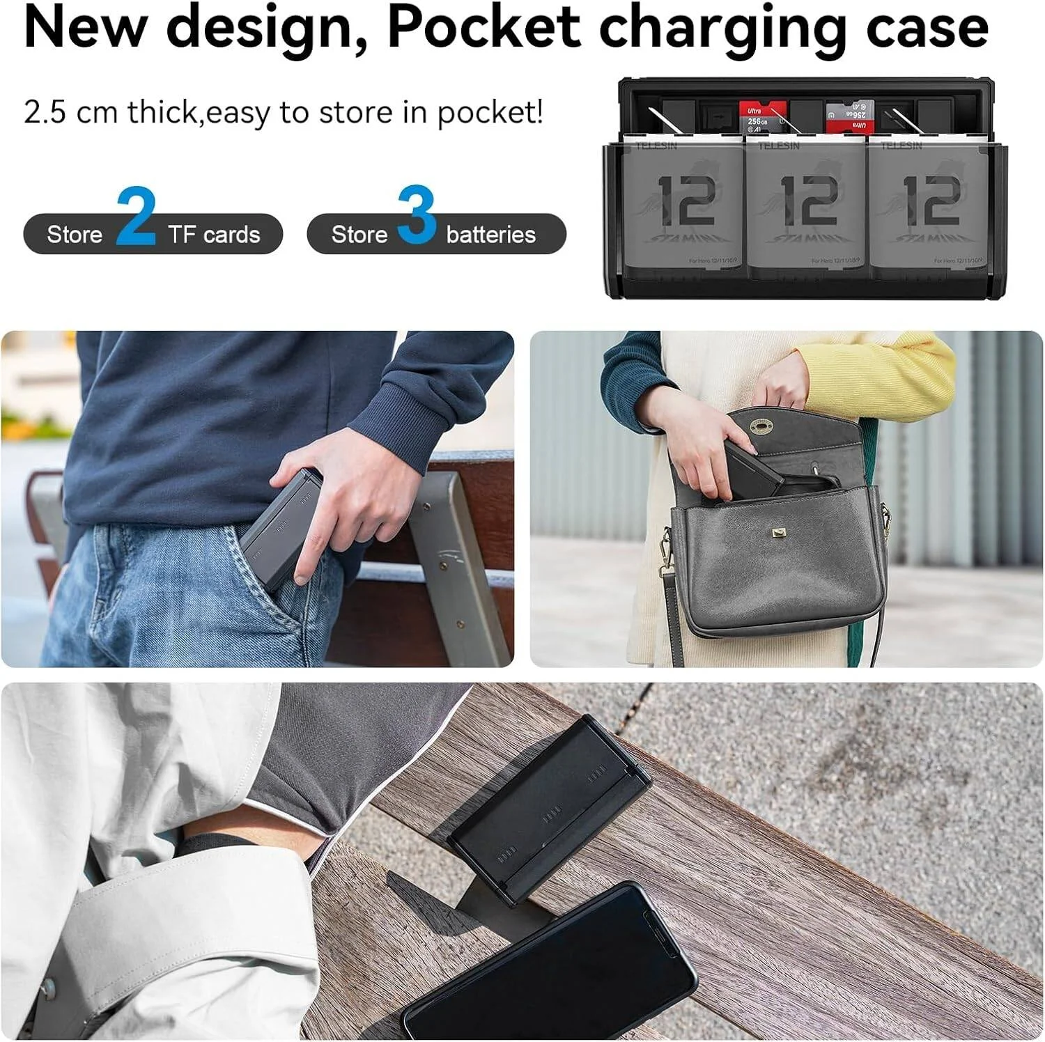 بسته باتری استامینا 2 عددی Telesin و جعبه شارژ ذخیره سازی جیبی چند منظوره با طراحی تخت برای GoPro HERO12/11/10/9