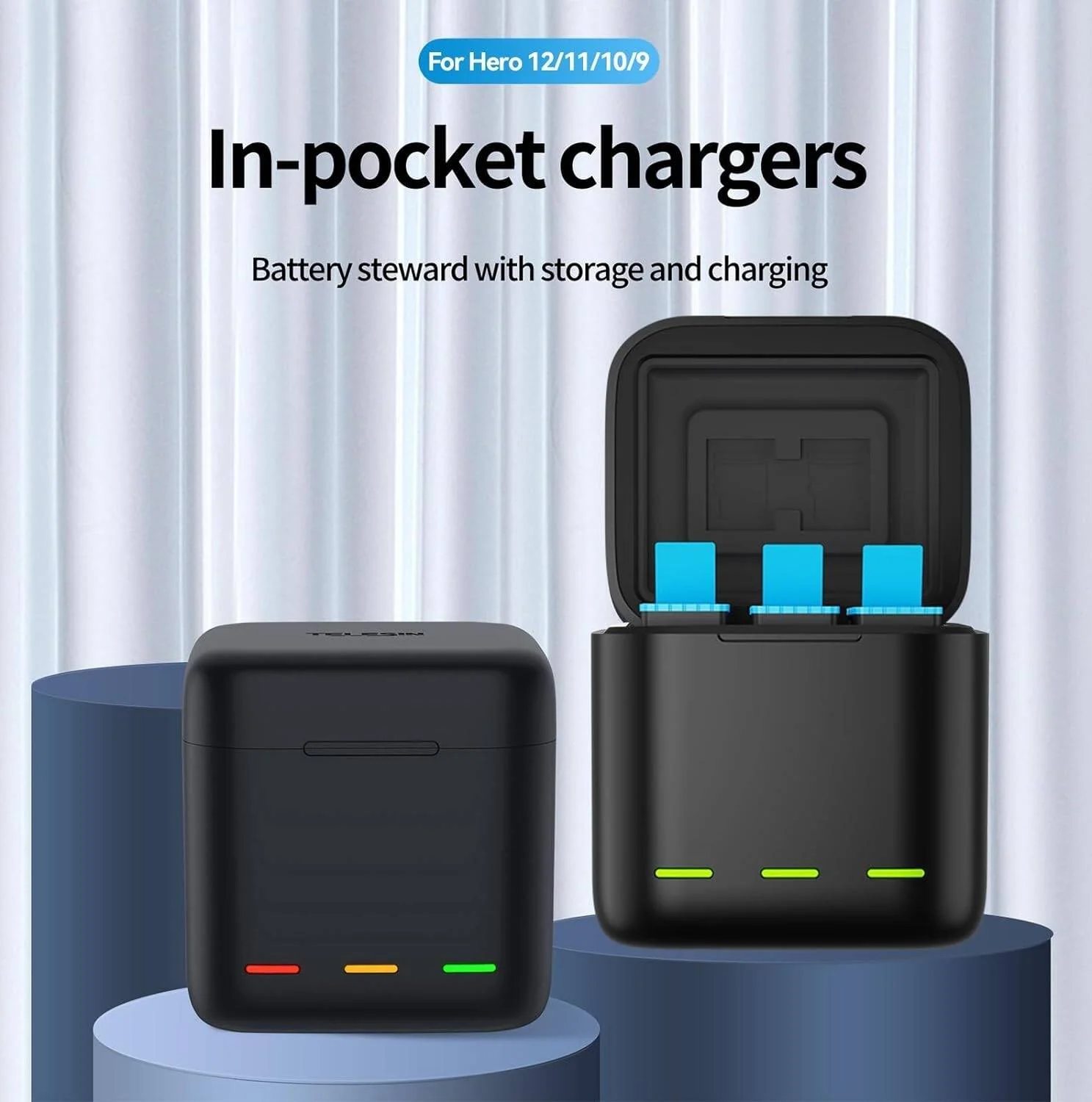 شارژر سه گانه TELESIN و جعبه نگهداری باتری با شارژر 3 کاناله به همراه 2 باتری لیتیوم یونی قابل شارژ برای Gopro Hero 10/Hero 9 Black (شارژر + 2 باتری)