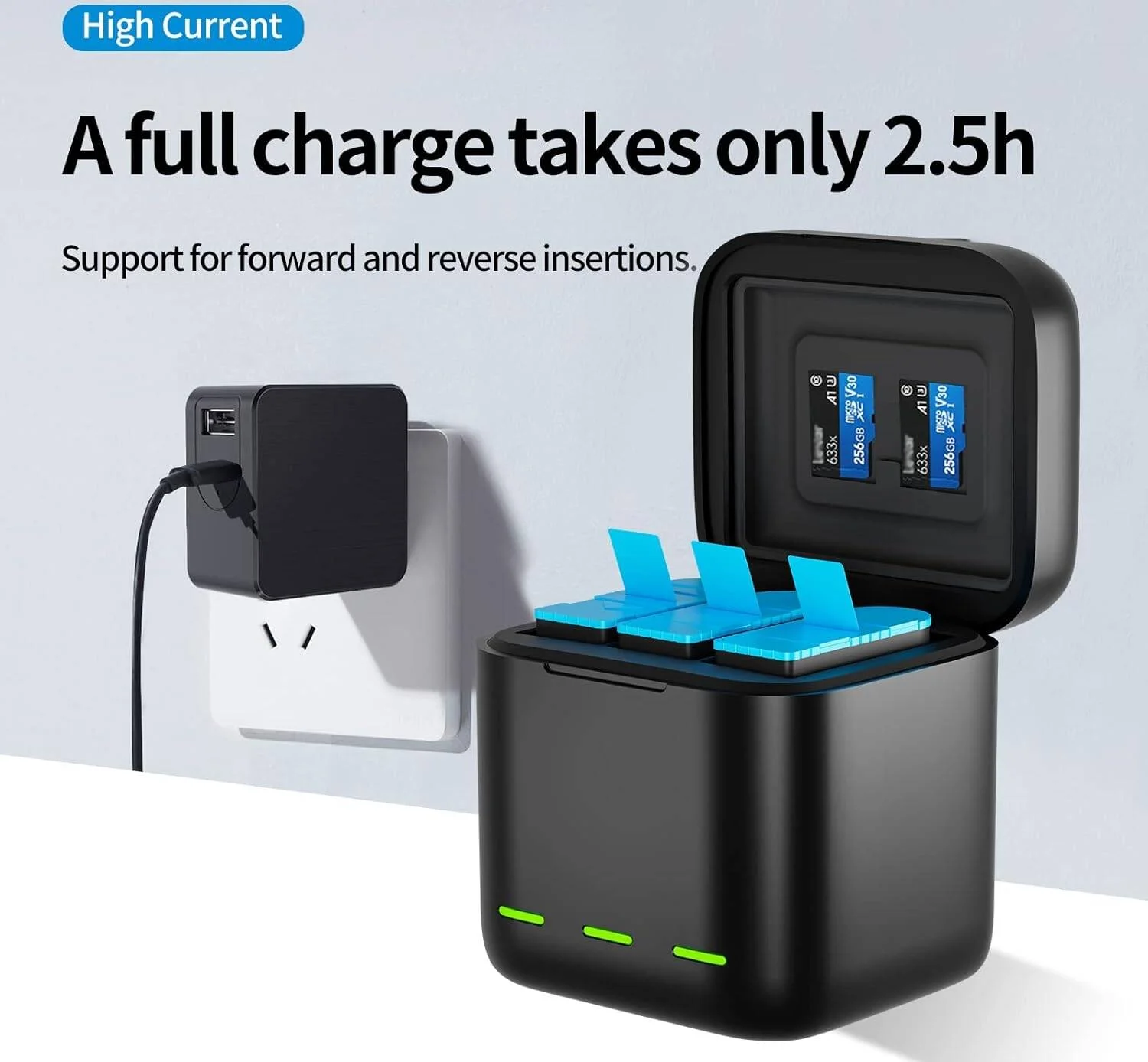 شارژر سه گانه TELESIN و جعبه نگهداری باتری با شارژر 3 کاناله به همراه 2 باتری لیتیوم یونی قابل شارژ برای Gopro Hero 10/Hero 9 Black (شارژر + 2 باتری)