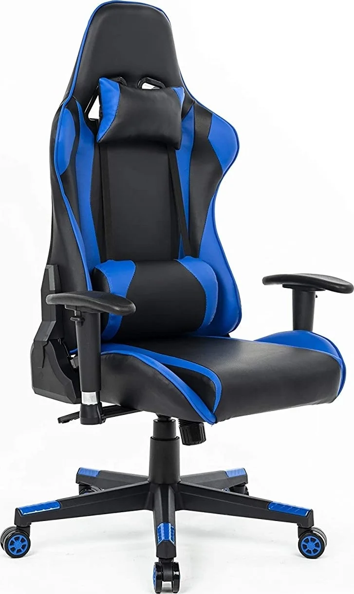 صندلی گیمینگ پشتی بلند Urban Wave، صندلی کامپیوتر مسابقه ای با نشیمنگاه ضخیم، بالشتک سر و پشتیبانی کمری (مدل Faro) - آبی