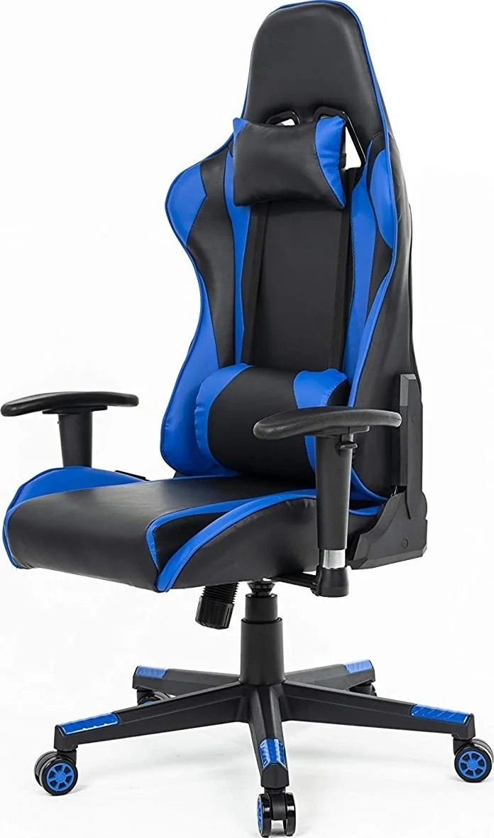 صندلی گیمینگ پشتی بلند Urban Wave، صندلی کامپیوتر مسابقه ای با نشیمنگاه ضخیم، بالشتک سر و پشتیبانی کمری (مدل Faro) - آبی