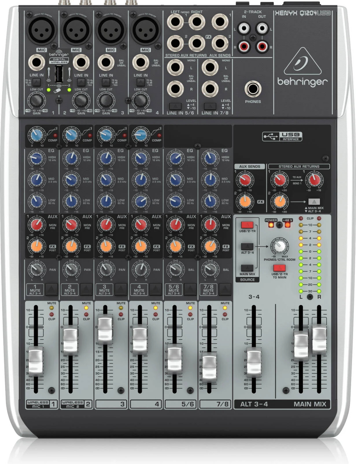 میکسر آنالوگ Behringer XENYX Q1204USB، میکسر ممتاز 12 ورودی 2/2-Bus با پری امپ میکروفون و کمپرسور XENYX، گزینه بی سیم و رابط USB/Audio، مشکی | Q1204USB