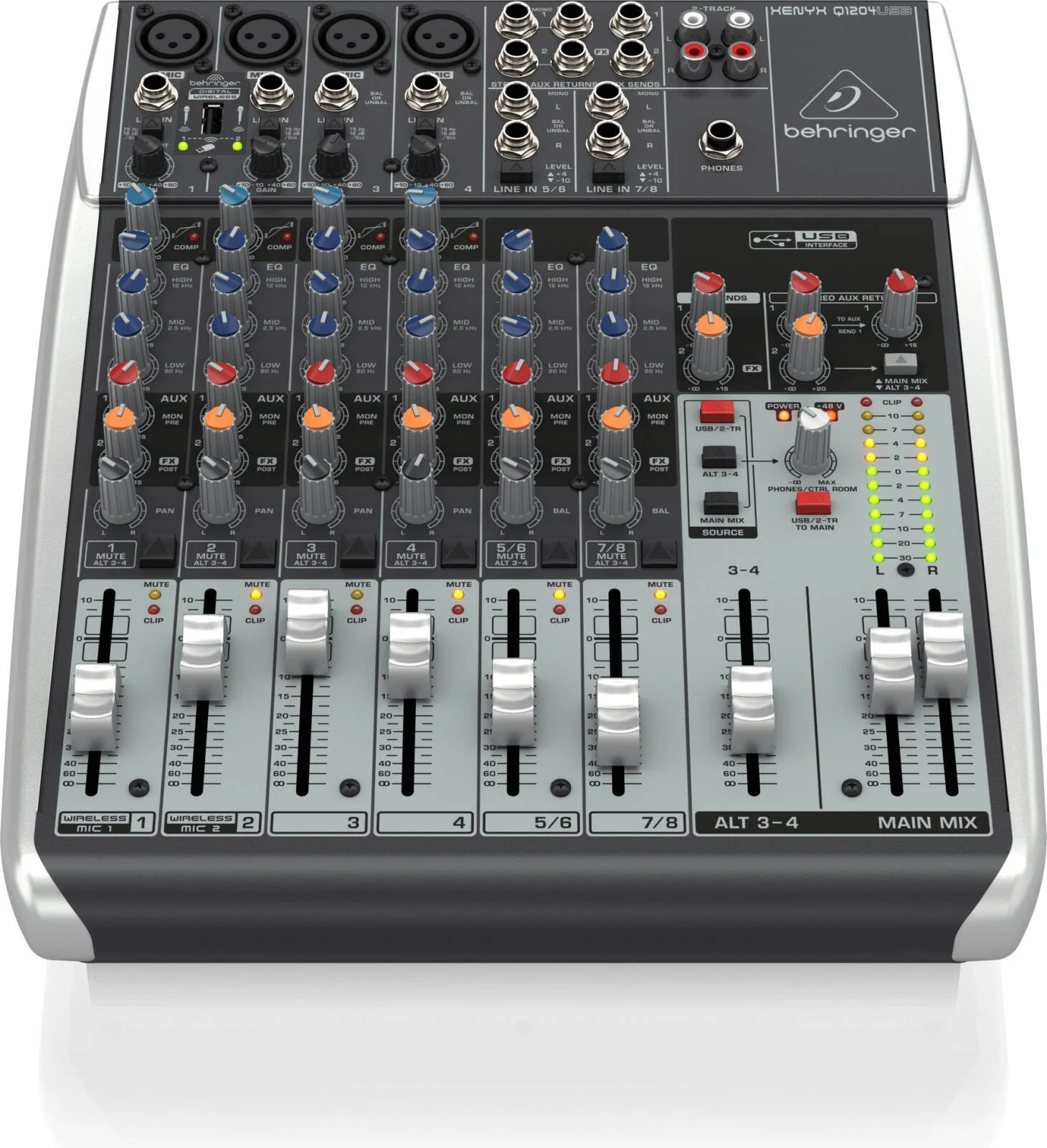 میکسر آنالوگ Behringer XENYX Q1204USB، میکسر ممتاز 12 ورودی 2/2-Bus با پری امپ میکروفون و کمپرسور XENYX، گزینه بی سیم و رابط USB/Audio، مشکی | Q1204USB