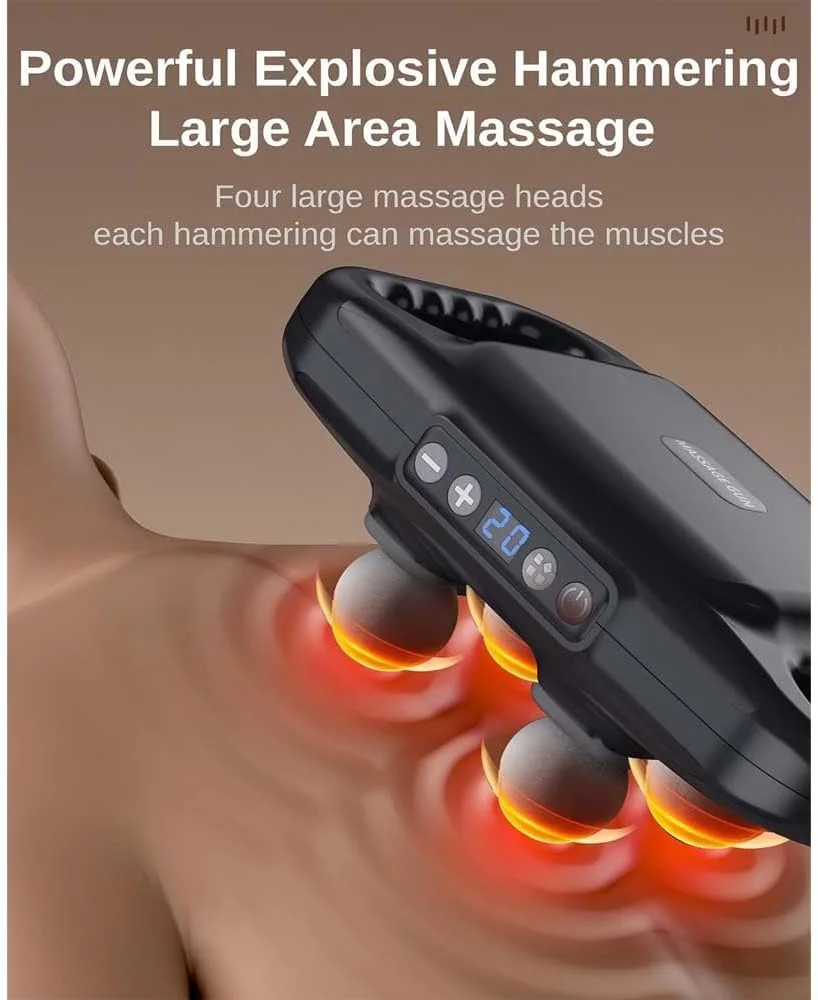 ماساژور تفنگی 4 سر بافت عمیق - 20 شدت قابل تنظیم و 6 حالت، ماساژور عضلانی قابل حمل برای تسکین درد کمر، گردن، شانه، پا و بدن، درمان ریکاوری ورزشی