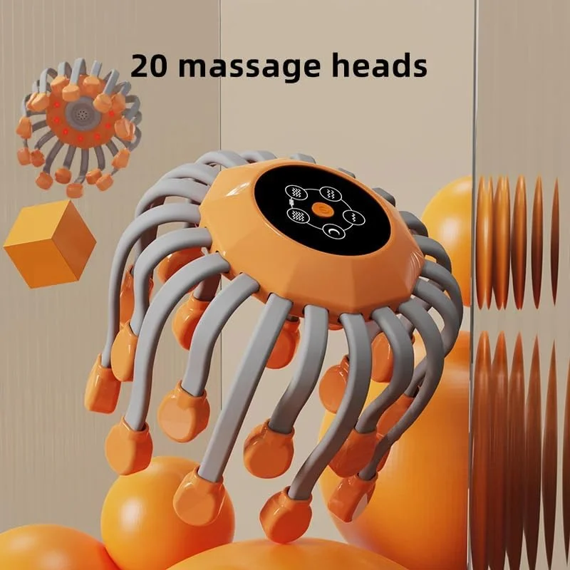 ماساژور سر اختاپوسی 7MD با 20 نقطه ارتعاشی چند فرکانسی، 5 حالت ماساژ، بی سیم، قابل حمل و طراحی ارگونومیک |7MD2497| - نارنجی