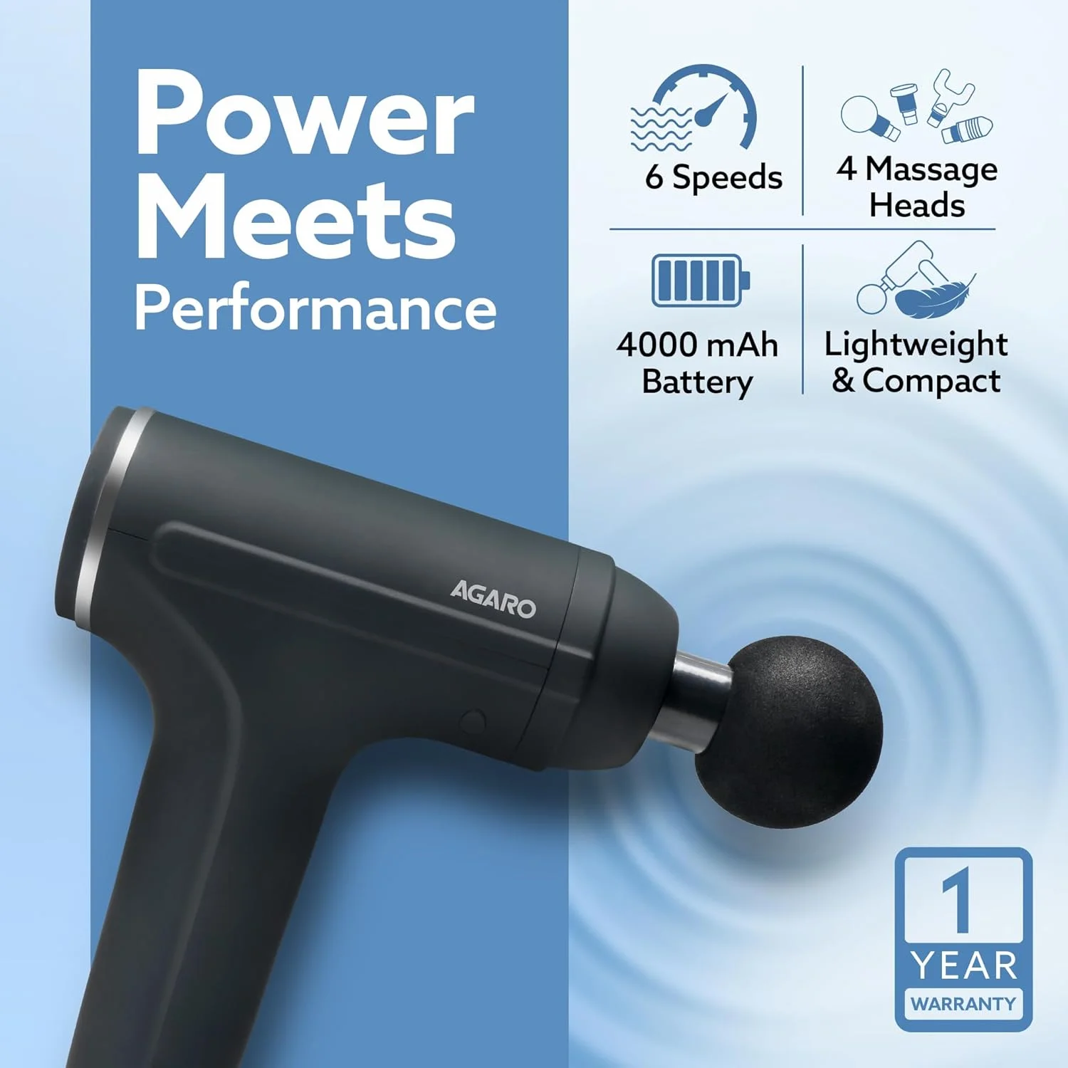 ماساژور تفنگی آگرارو گلکسی، 4 سری، 6 سرعت، قابل شارژ، دستی، ماساژور عضلانی ضربه ای برای تسکین درد کل بدن، آرامش عضلات گردن، شانه، کمر، پا برای آقایان و بانوان، مشکی