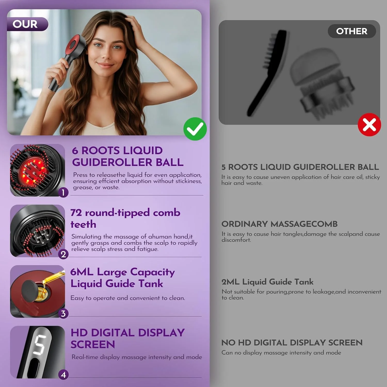 برس ماساژور پوست سر Angju با اپلیکاتور روغن، ماساژور برقی و بدون سیم پوست سر با صفحه نمایش، دستگاه پیام رسان سر شیاتسو، ضد آب IPX7، شانه ماساژور عمیق سر برای رشد مو