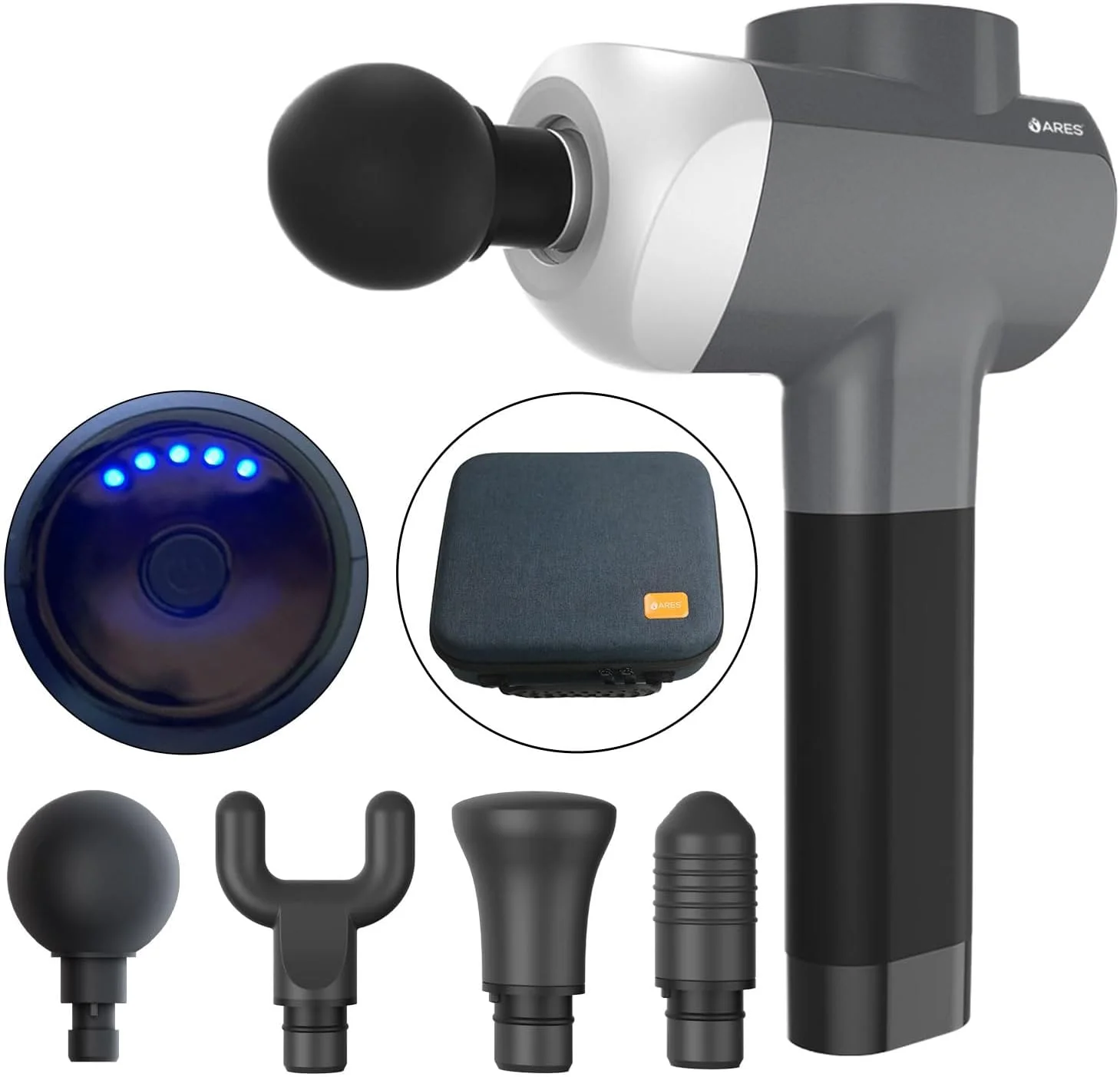 ماساژور تفنگی ARES uFitness-2 | 5 سطح سرعت | 4 سر قابل تعویض | ظرفیت باتری 3 سلول 2500mAh | زمان شارژ 3 ساعت | 5 ساعت کار مداوم | 2000-3200 دور در دقیقه | کیف نگهداری (خاکستری)