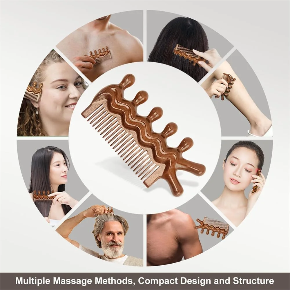 شانه ماساژ چوبی آزونه - ابزار نقطه ماشه ای، گوا شا خراش برای پوست سر و مو، محرک، طب فشاری کل بدن