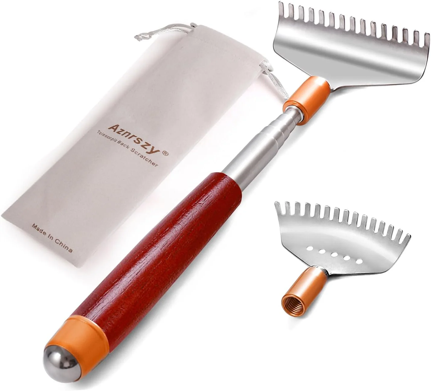 خراشنده پشت با سرهای جداشدنی، خراشنده فلزی پشت قابل افزایش طول برای زنان و مردان، پنجه های پهن تر/دسته چوبی/غلتک ماساژ، ماساژور خراشنده بدن با سر بلند