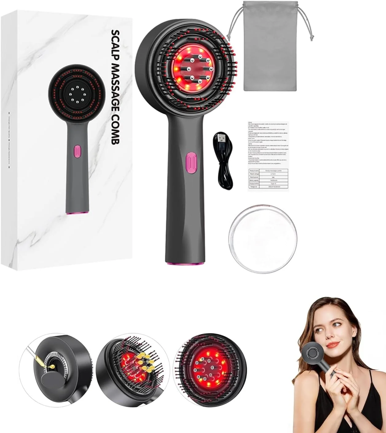 شانه ماساژور پوست سر و پخش کننده روغن مو برقی 3 در 1 Beauenty، ماساژور ضد آب پوست سر، برس ماساژور پوست سر با نور قرمز برای رشد مو، پخش کننده روغن ضد آب IPX7