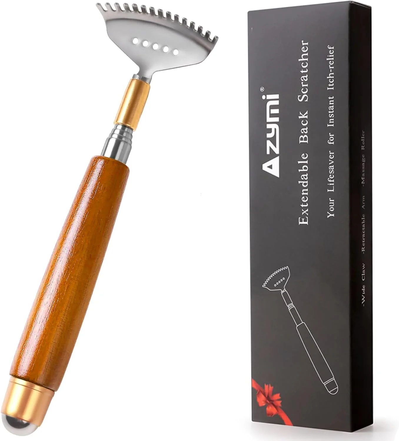 خراشنده پشت، خراشنده تلسکوپی پشت با دسته چوبی بلند-غلتک ماساژ-چنگال فولادی، ماساژور قابل حمل پشت برای خراشیدن سر، پوست سر، صورت و پا