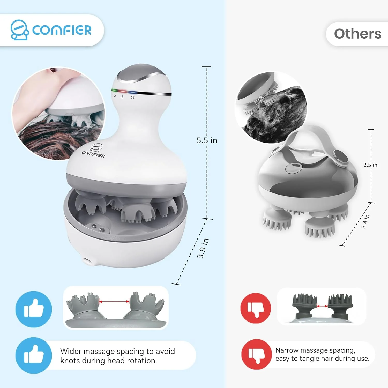 ماساژور سر بی سیم Comfier - ماساژور سر برقی، ماساژور قابل حمل سر برای رشد مو، پاکسازی عمیق و رفع استرس