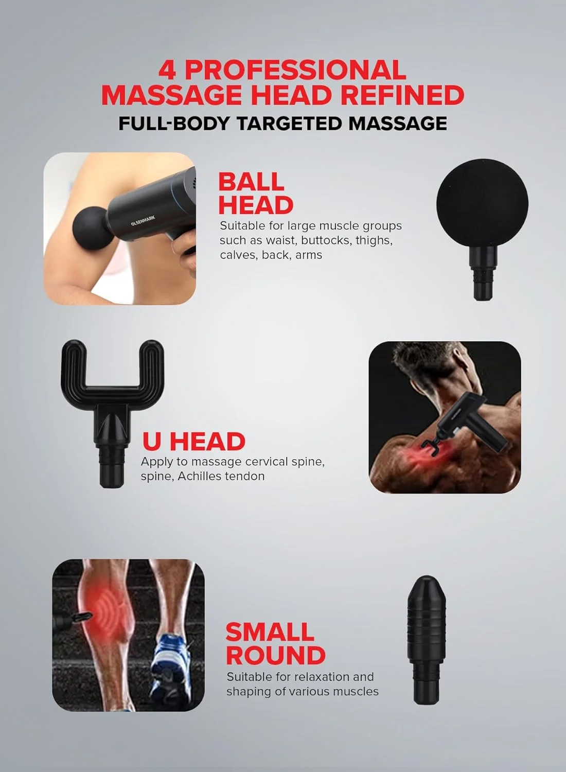 ماساژور ضربه‌ای 6 در 1 اولسن مارک - ماساژور بافت عمیق شارژی و بی‌سیم با 6 سر قابل تعویض، 6 سطح سرعت، دستگیره ارگونومیک برای تسکین درد کل بدن، کاهش استرس، مشکی