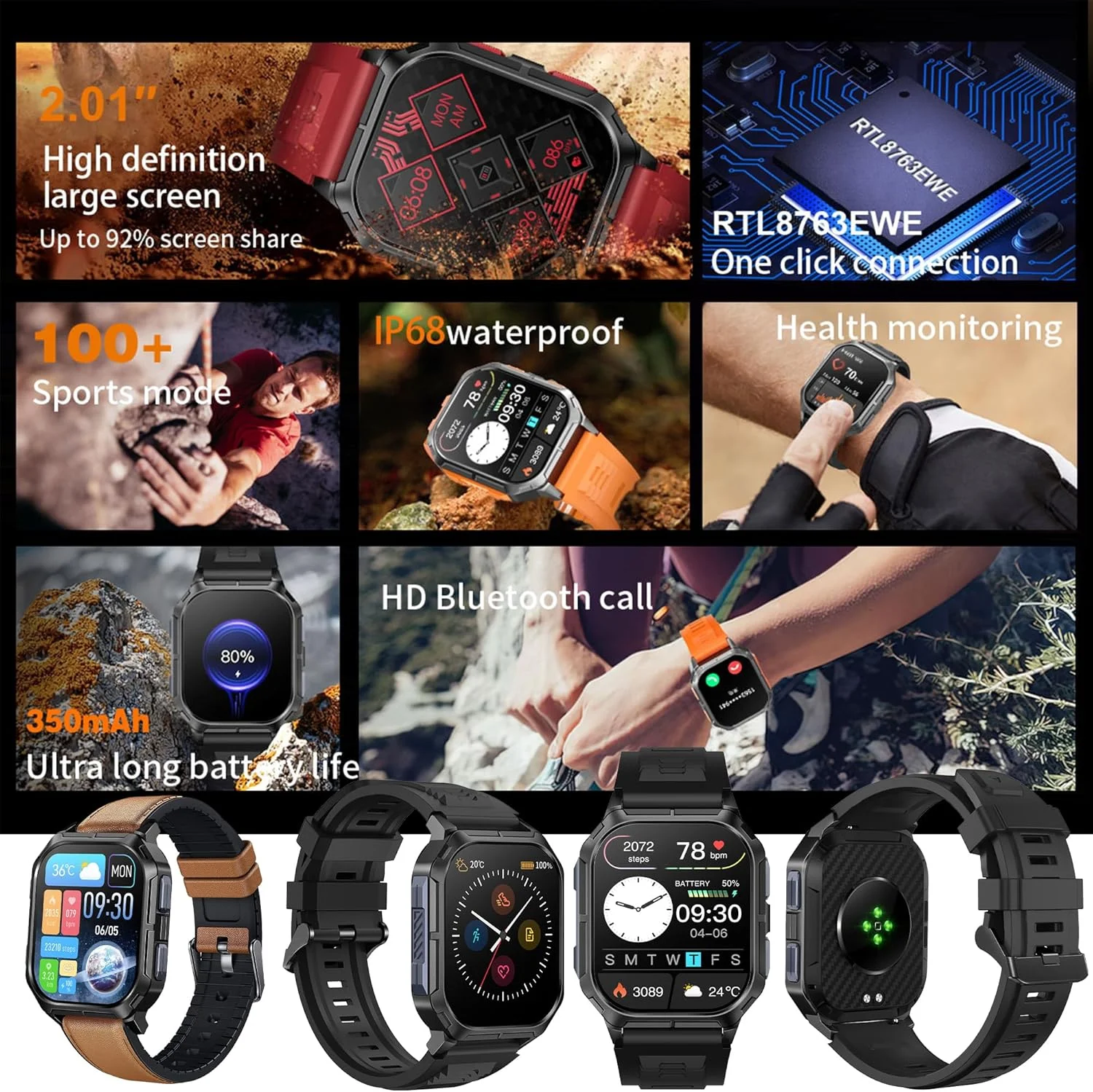 ساعت هوشمند مردانه با قابلیت تماس، ساعت هوشمند ضدآب ورزشی گام شمار ضربان قلب فشار خون مانیتور مچ بند فعالیت 2.01 کال ساعت دیجیتال برای IOS اندروید (مشکی)