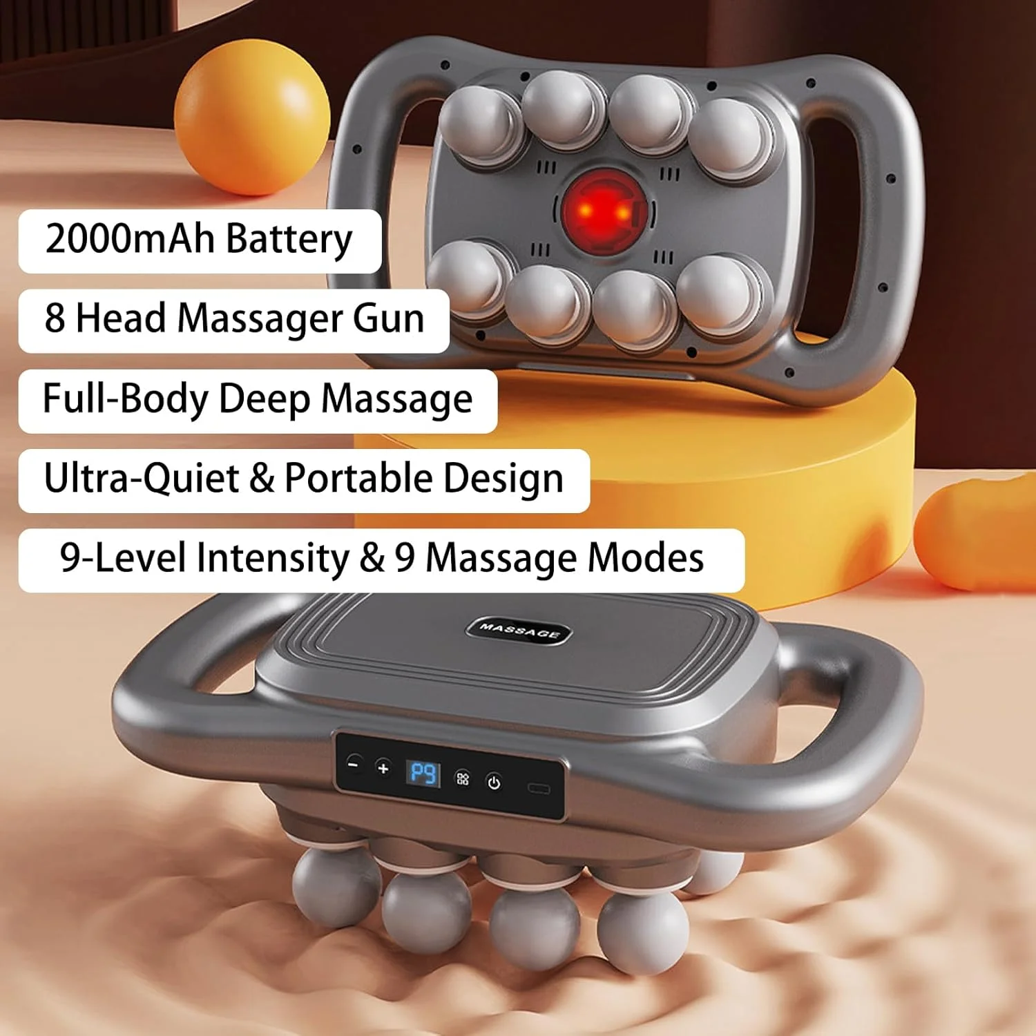ماساژور تفنگی 8 سر، ماساژور بافت عمیق، 9 سطح و 9 حالت، ماساژور دستی 2000 میلی آمپر ساعتی، ابزار ماساژور برقی مردانه و زنانه برای پاها، بازوها، کمر، پشت، باسن، تسکین درد عضلانی
