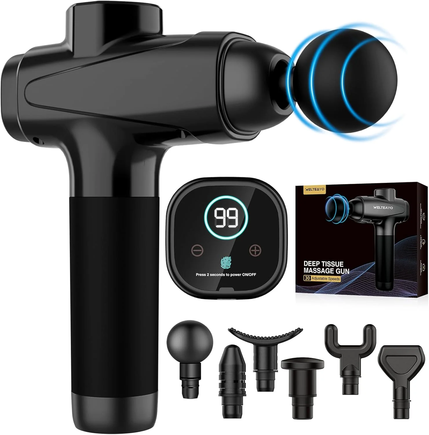 ماساژور تفنگی عضلات WELTEAYO، ماساژور بافت عمیق عضلات، ماساژور دستی حرفه ای بی صدا با 30 سرعت، 6 سری ماساژ با شارژ Type-C، فاسیال قابل حمل برای تسکین درد عضلات