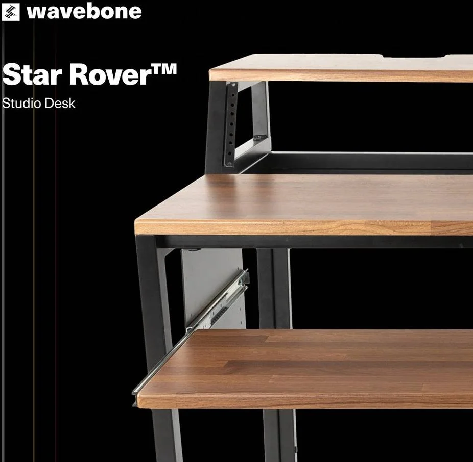 میز استودیویی ویوبون مدل Star Rover - ایستگاه کاری ارگونومیک و جمع و جور با فضای رک زاویه دار 6U، سینی کیبورد قابل تنظیم، سطح دو طبقه و مدیریت هوشمند کابل برای استودیوهای خانگی، مشکی | WB-MHQ-T-B
