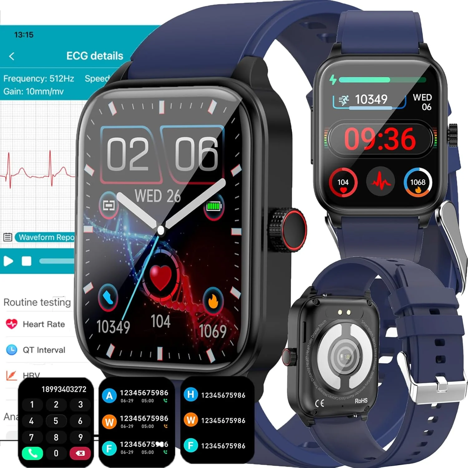 ساعت هوشمند برای آقایان و بانوان، پاسخ/برقراری تماس، ردیاب تناسب اندام با نوار قلب، ضربان قلب و فشار خون، ضد آب IP67، ردیاب فعالیت قند خون برای اندروید و آی او اس، آبی