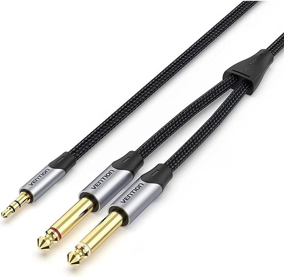 کابل صوتی ونشن با روکش بافته شده پنبه‌ای 3.5 میلی‌متری نری به 2x6.5 میلی‌متری نری، برای گیتار، میکسر، آمپلی‌فایر، بلندگو با کانکتور روکش طلا، 0.5 متر، خاکستری | BARHD