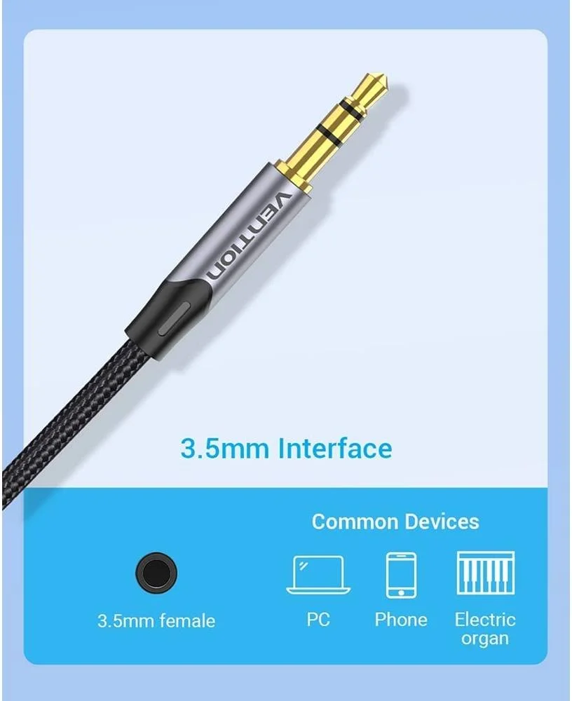 کابل صوتی ونشن با روکش بافته شده پنبه‌ای 3.5 میلی‌متری نری به 2x6.5 میلی‌متری نری، برای گیتار، میکسر، آمپلی‌فایر، بلندگو با کانکتور روکش طلا، 1 متر، خاکستری | BARHF