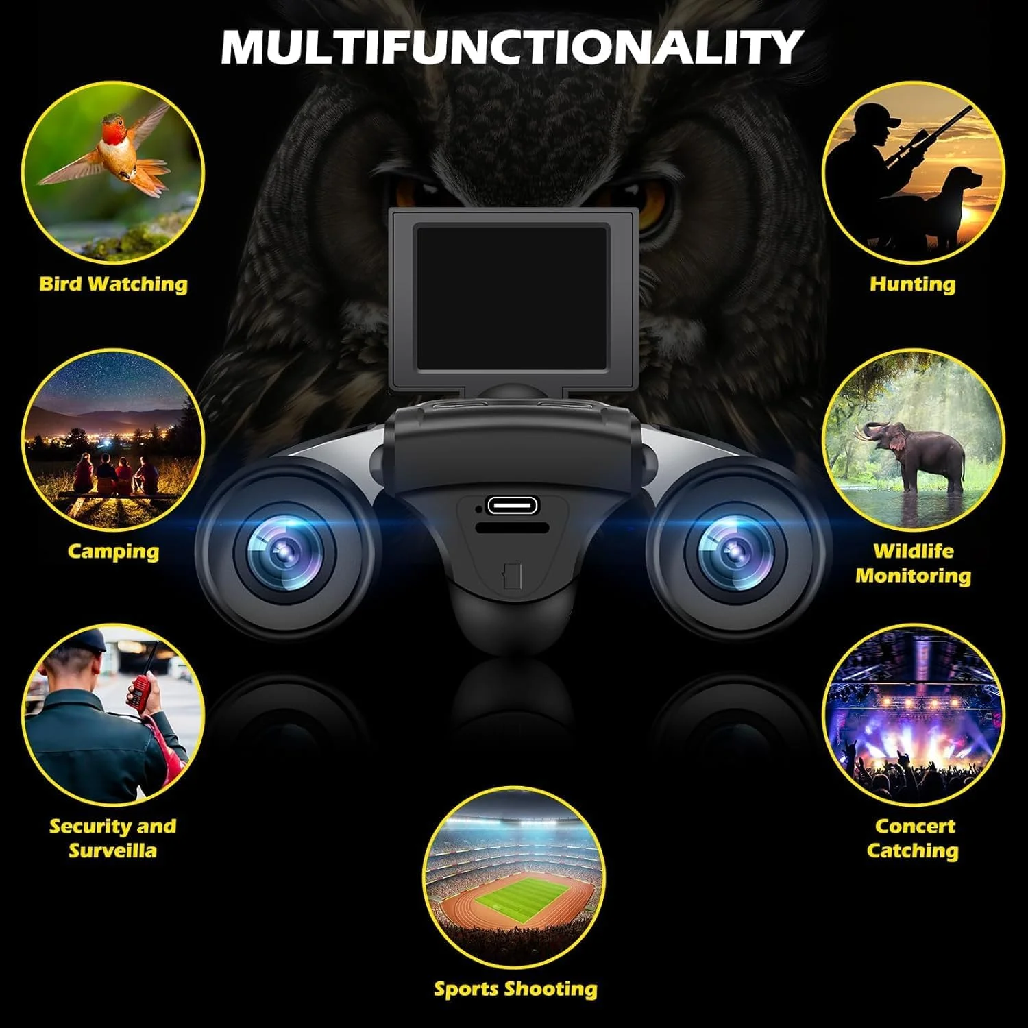 دوربین دوچشمی دیجیتال HD با LCD 2 اینچی، زوم اپتیکال 10 برابر، زوم دیجیتال 8 برابر، دوربین 40 مگاپیکسلی با حافظه 32 گیگابایتی و قابلیت ضبط ویدئوهای 2.5K، مناسب برای تماشای پرندگان، کنسرت ها و ماجراجویی های فضای باز