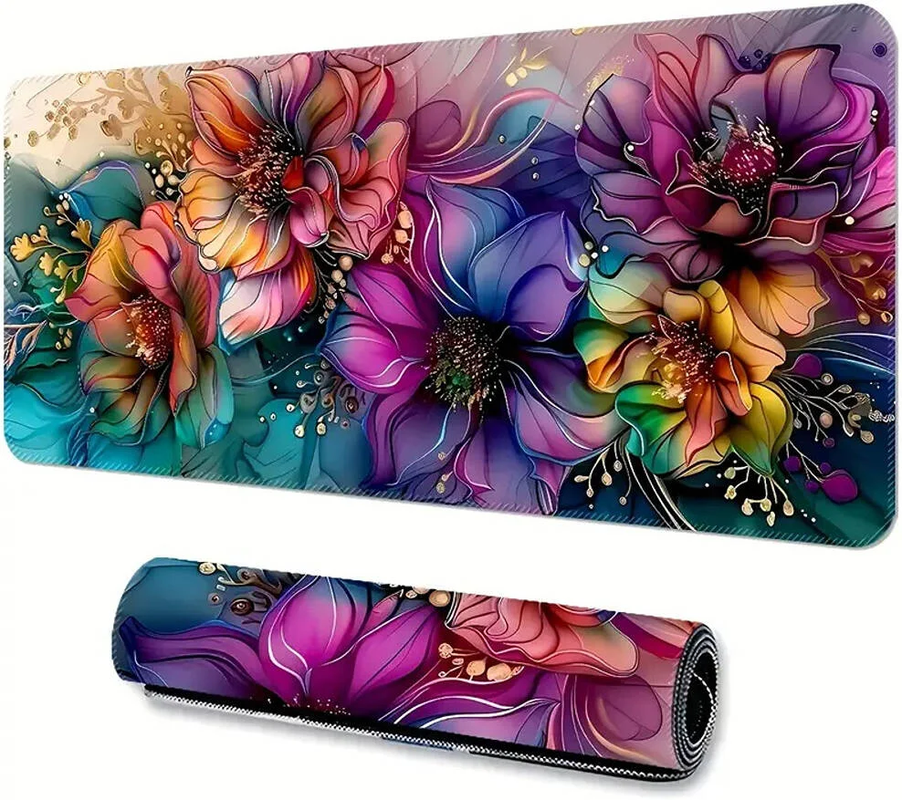 ماوس پد بزرگ و عریض مخصوص بازی، با پایه ضد لغزش و قابل شستشو، طرح گلدار سه بعدی مستطیلی، پد رومیزی بادوام با لبه های دقیق، سایز 60cmx30cm، طرح گلدار