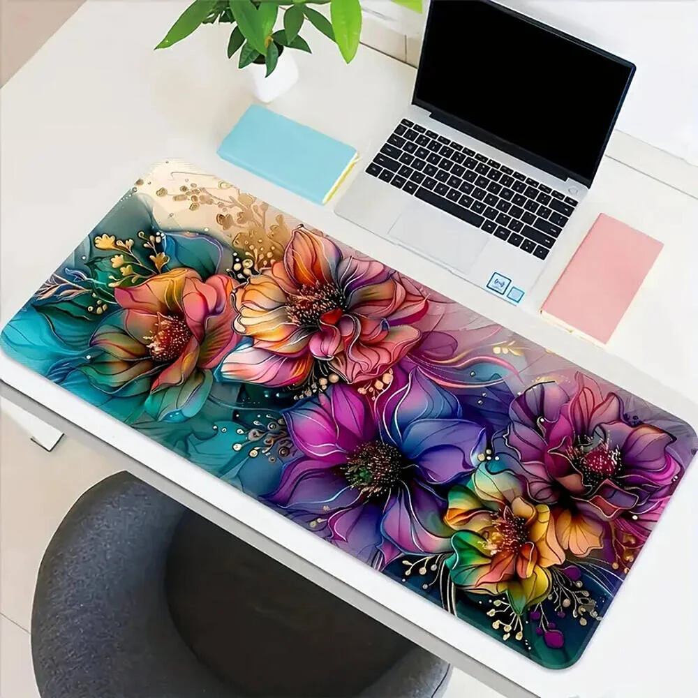 ماوس پد بزرگ و عریض مخصوص بازی، با پایه ضد لغزش و قابل شستشو، طرح گلدار سه بعدی مستطیلی، پد رومیزی بادوام با لبه های دقیق، سایز 60cmx30cm، طرح گلدار