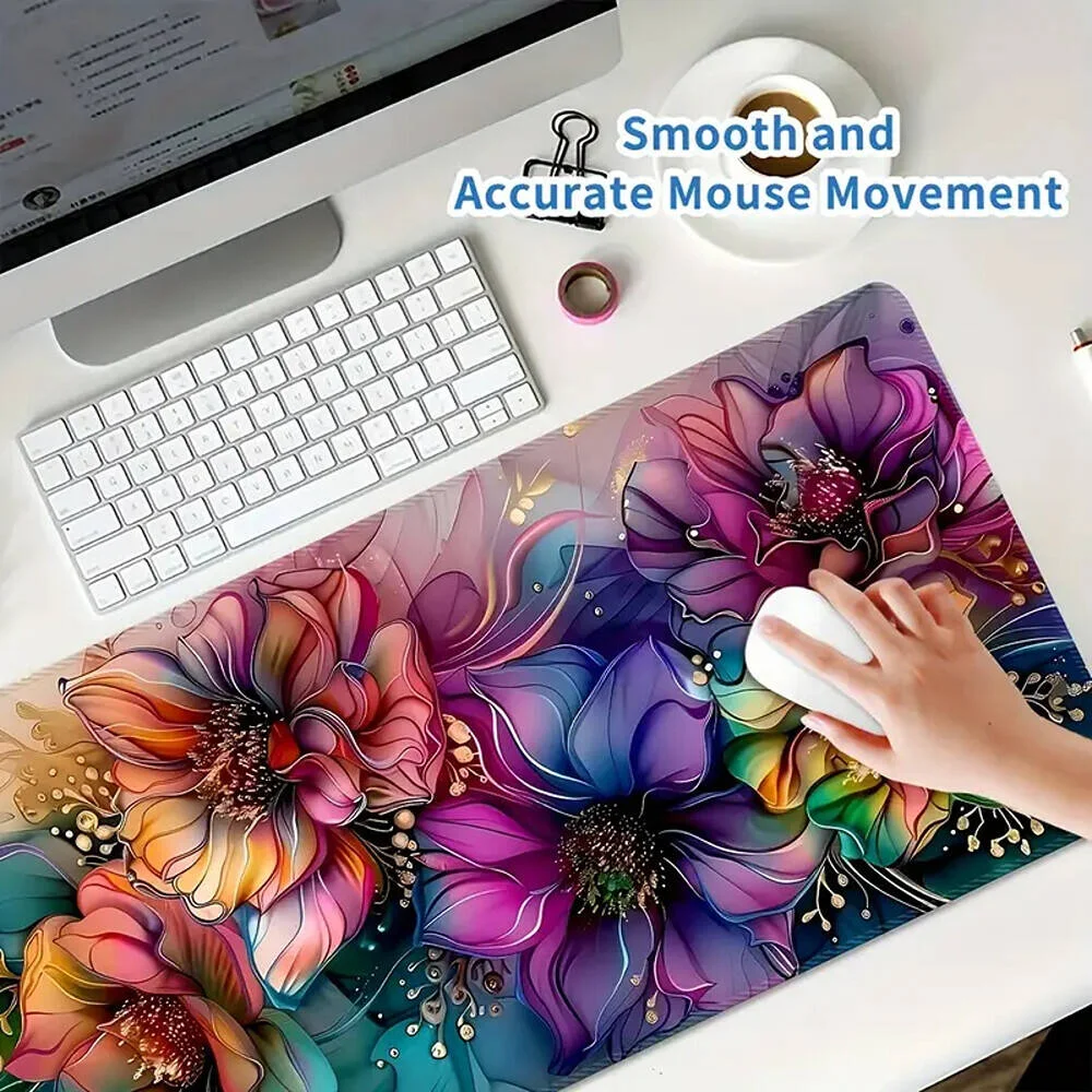 ماوس پد بزرگ و عریض مخصوص بازی، با پایه ضد لغزش و قابل شستشو، طرح گلدار سه بعدی مستطیلی، پد رومیزی بادوام با لبه های دقیق، سایز 60cmx30cm، طرح گلدار