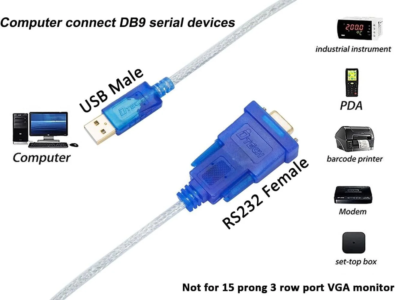 کابل تبدیل USB به RS232 DB9 مادگی DTech به طول 1.8 متر، سازگار با ویندوز 11، 10، 8، 7، مک و لینوکس، سریال به USB 2.0 با تراشه Prolific PL2303 مدل DT-5002B