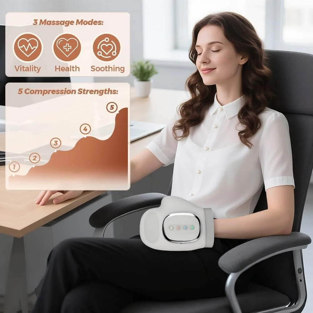 ماساژور دستی برقی، دستکش ماساژور برقی دست با 5 شدت و 3 تنظیمات حرارتی، ماساژور دستی با کمپرس گرمایشی و کیسه هوا برای تسکین درد و آرامش انگشتان و کف دست