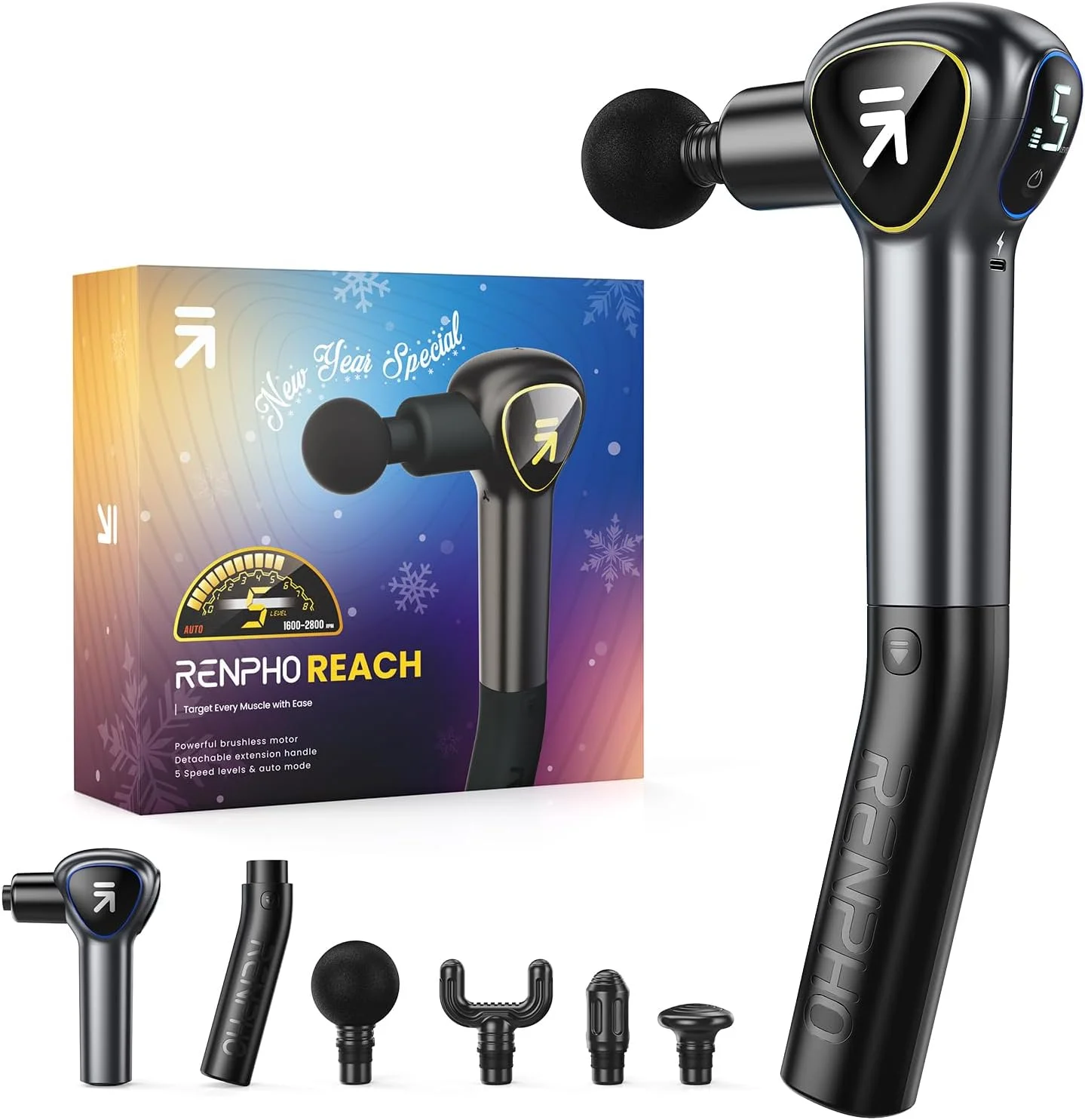 ماساژور عضلانی رنفو با دسته جداشدنی، ماساژور دستی با قابلیت دسترسی، 5 سرعت، 4 سری ماساژ، ماساژور عمقی با طراحی 2 در 1