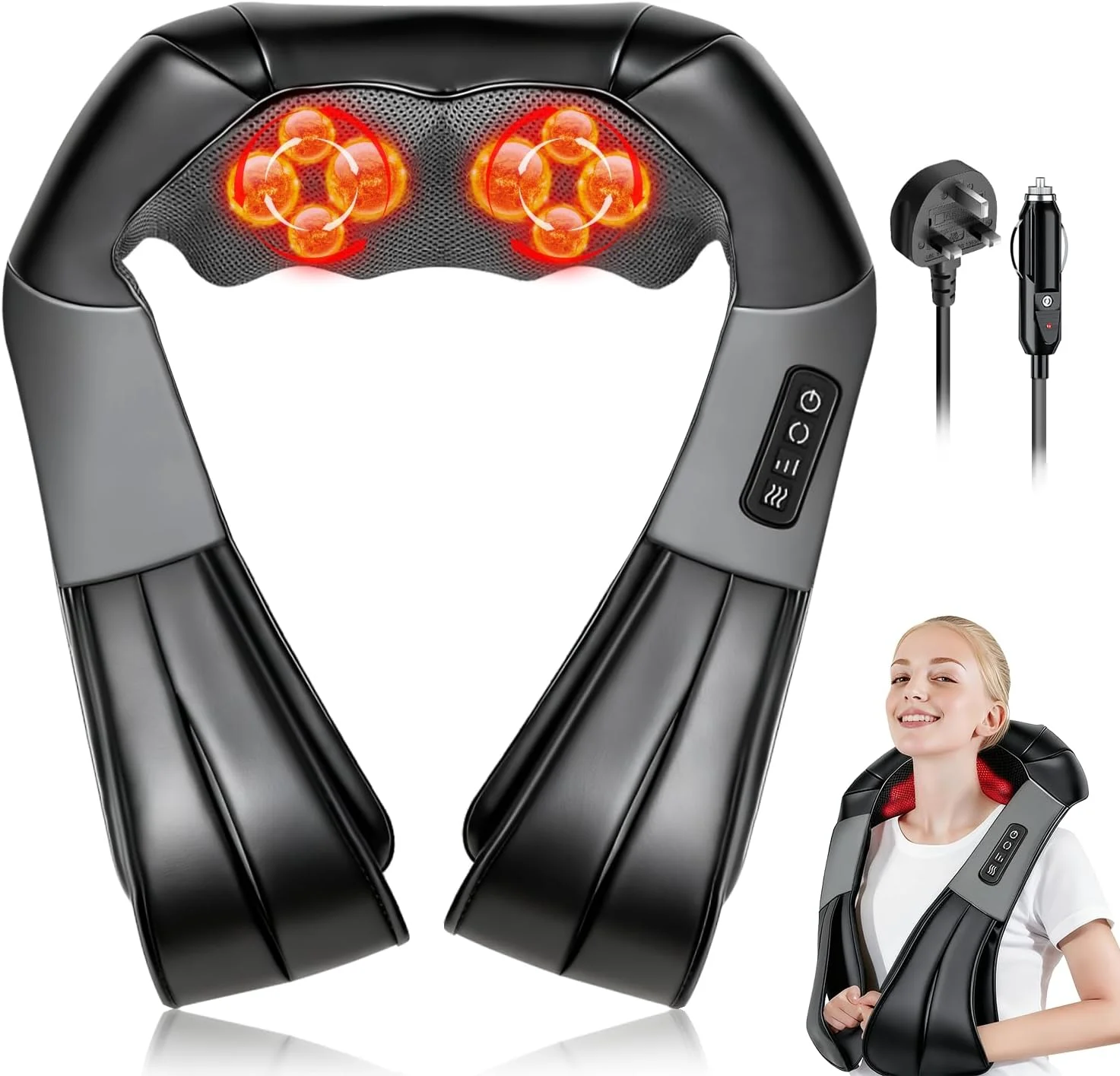 ماساژور گردن و کمر شیاتسو، بالش ماساژور برقی سه بعدی بافت عمیق، با زمان‌بندی هوشمند و محافظت در برابر گرمای بیش از حد، برای تسکین درد عضلات شانه، گردن و بدن