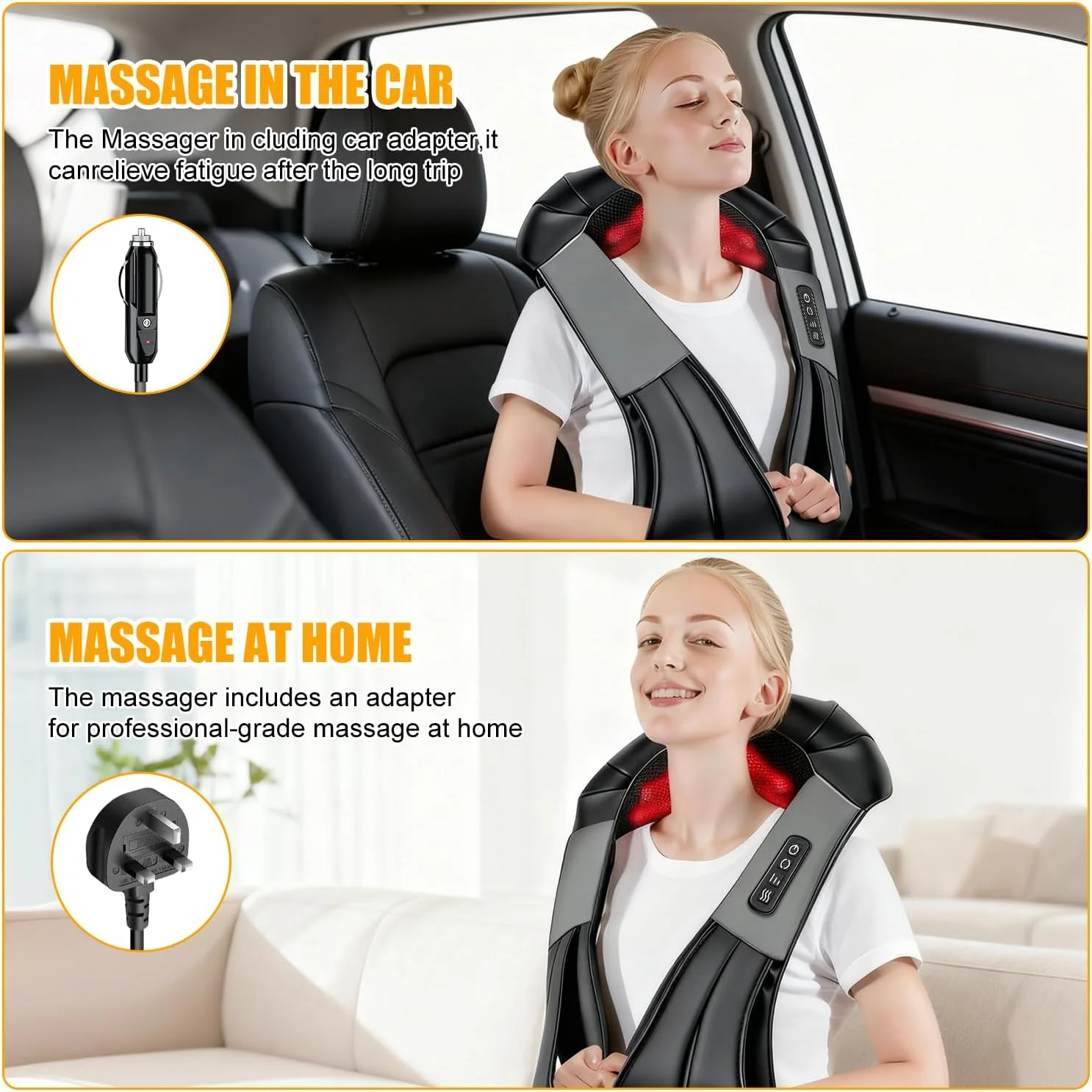 ماساژور گردن و کمر شیاتسو، بالش ماساژور برقی سه بعدی بافت عمیق، با زمان‌بندی هوشمند و محافظت در برابر گرمای بیش از حد، برای تسکین درد عضلات شانه، گردن و بدن