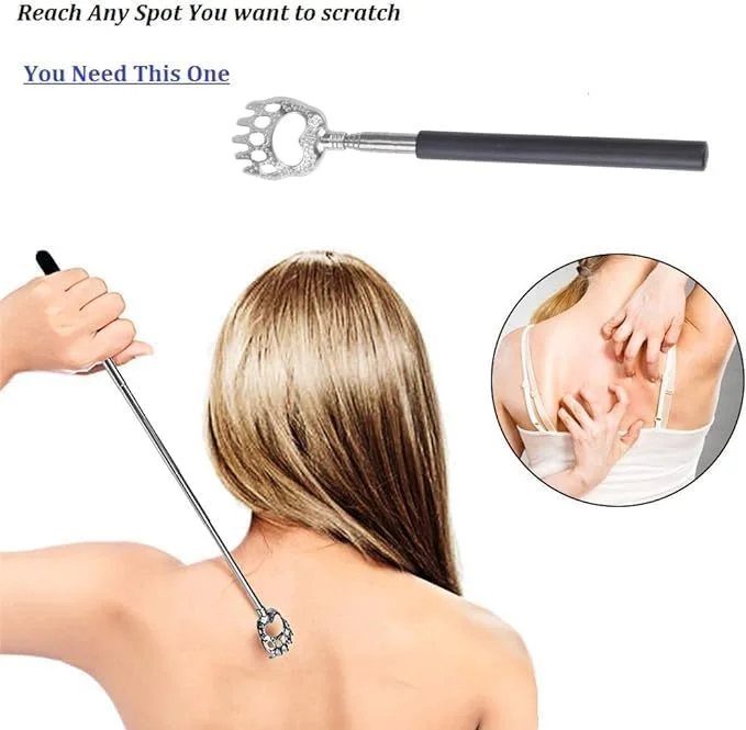 خاراندن پشت تلسکوپی، ماساژور دستی با دسته‌های لاستیکی، دسته تلسکوپی فلزی قابل جمع شدن برای تسکین آقایان، خانم‌ها و کودکان در مسافرت، خانه و محل کار (2 چنگک)