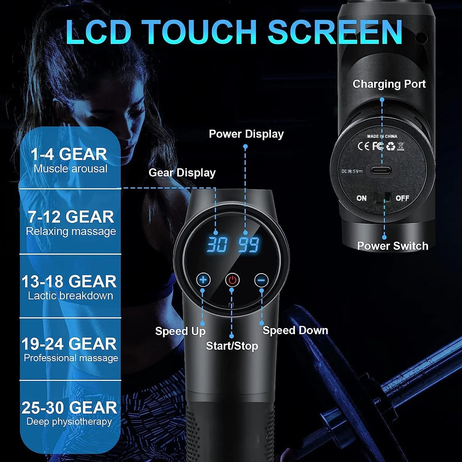 ماساژور ضربه ای عضلات بافت عمیق، ماساژور دستی بی صدا با 30 سرعت به همراه صفحه نمایش لمسی LCD و 10 سری برای شانه، بدن و کمر