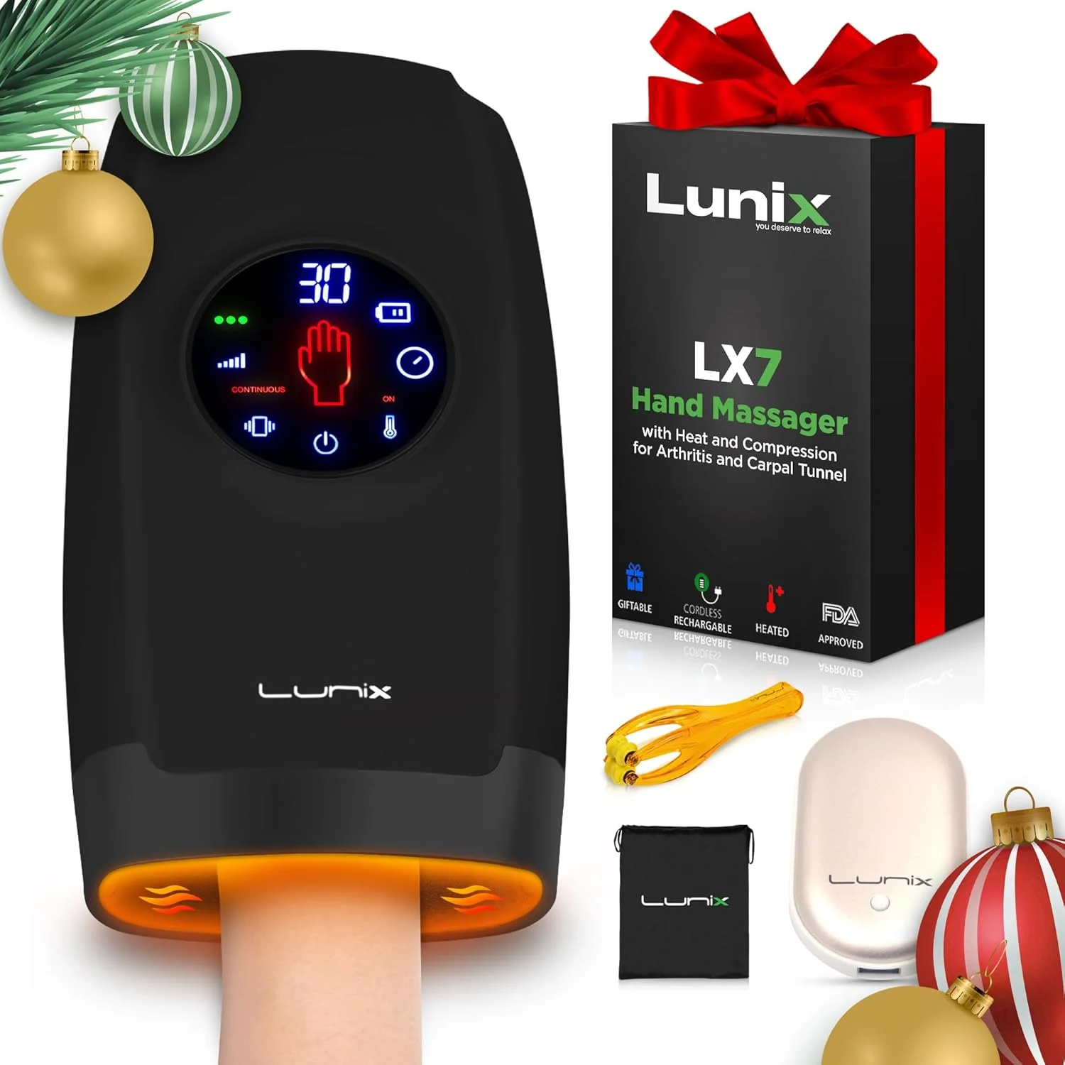 ماساژور برقی دست Lunix LX7 با قابلیت فشرده سازی، درمان نقطه فشاری برای آرتروز، تسکین درد و تونل کارپال، دستگاه ماساژ شیاتسو با گرما، دارای گرم کننده دست، مشکی