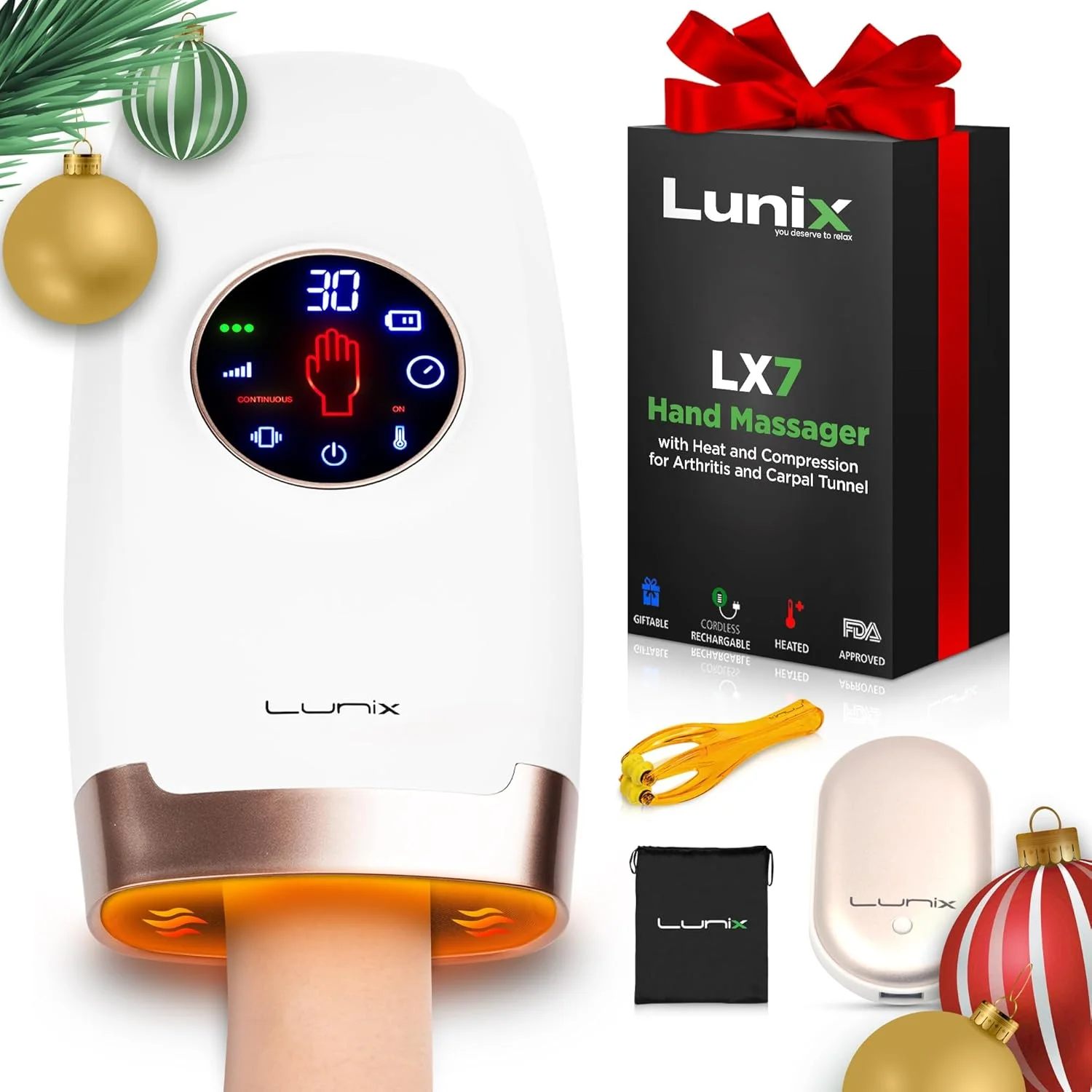 ماساژور دستی برقی Lunix LX7 با گرما و فشار، درمان نقطه فشاری برای آرتروز، تسکین درد و تونل کارپال، با گرم کننده دست، سفید