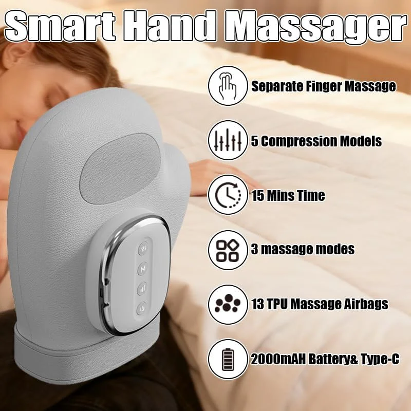 ماساژور دست با گرما و فشار، دارای 3 حالت ماساژ، 3 دما، 5 مدل فشار، ماساژور دست برای تسکین خستگی دست، هدیه برای زنان/مردان (خاکستری)