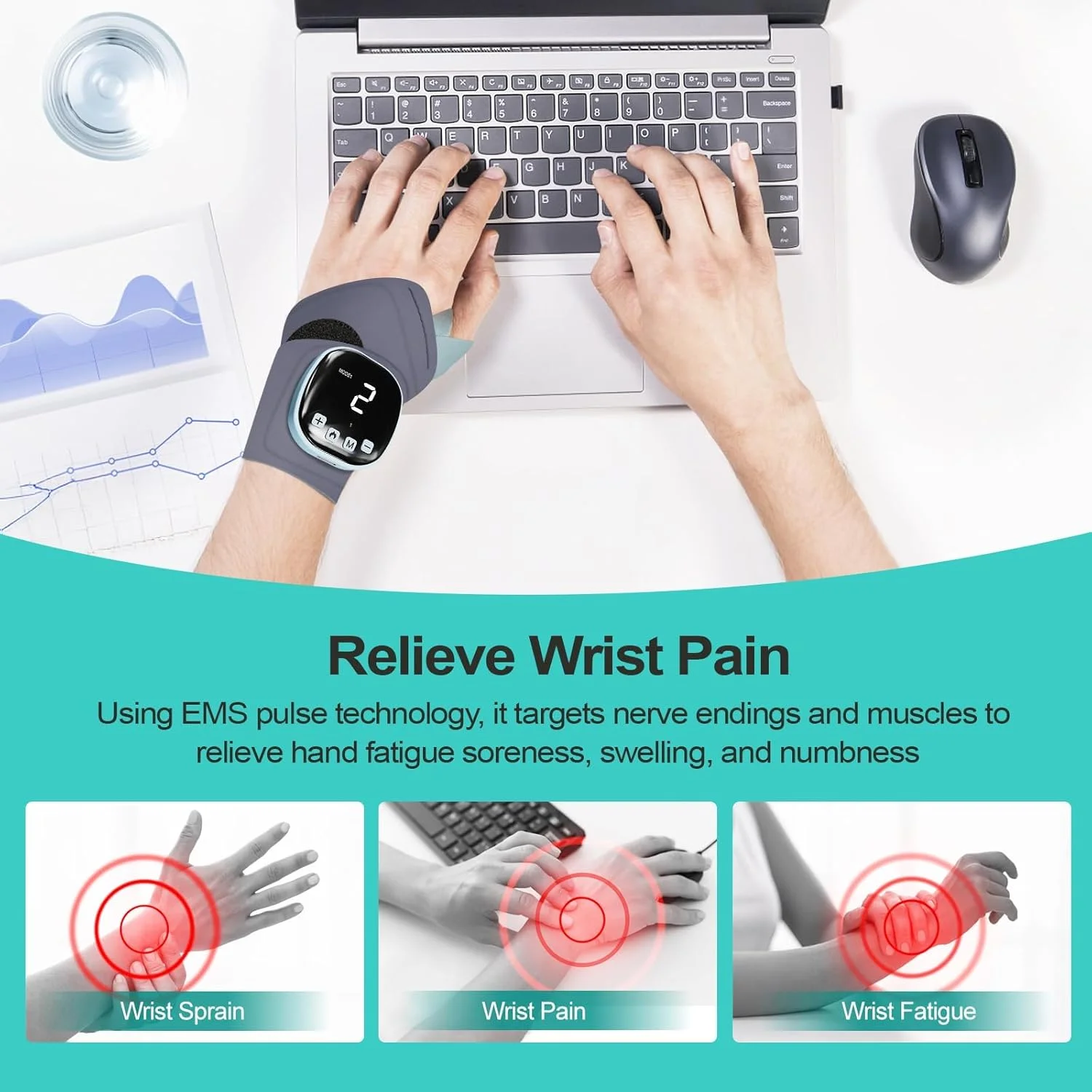 ماساژور برقی دست با گرما، پد گرم کننده مچ دست بی سیم، ماساژ پالس تسکین دهنده درد دست، 3 سطح گرما، طول قابل تنظیم برای استفاده روزانه و ورزشی، مناسب برای دست چپ و راست