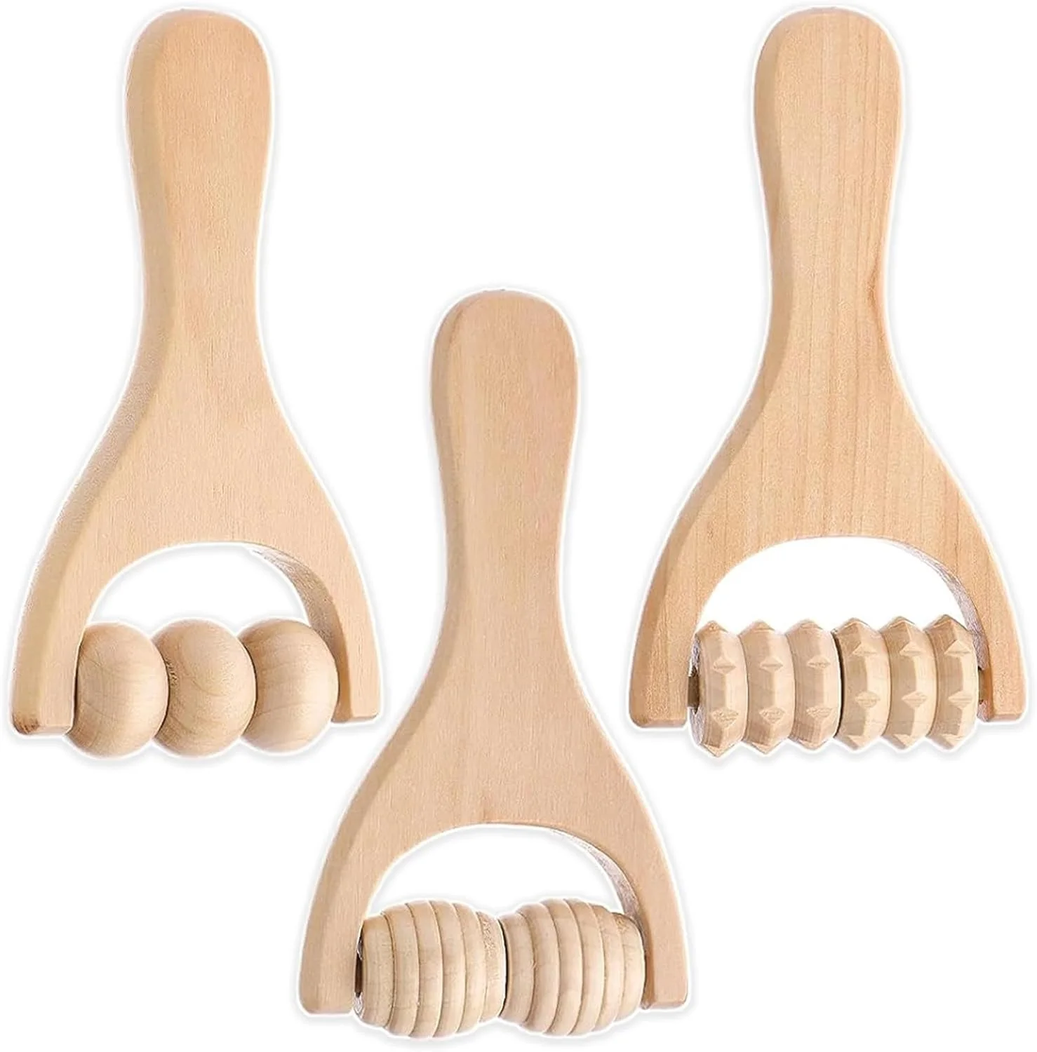 غلتک ماساژ دستی چوبی برای عضلات: ابزار ماساژ برای تسکین کمر و گردن، ماساژور غلتکی چوبی دستی مناسب برای شل کردن عضلات سفت، ساق پا، دست و کل بدن - بسته 3 عددی