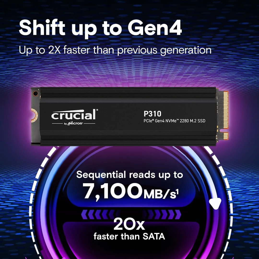 حافظه اس اس دی داخلی گیمینگ Crucial P310 2TB PCIe Gen4 NVMe M.2 PS5 با هیت سینک، سرعت تا 7100 مگابایت بر ثانیه، سازگار با پلی استیشن 5، لپ تاپ و کامپیوتر رومیزی، SSD، CT2000P310SSD5-01
