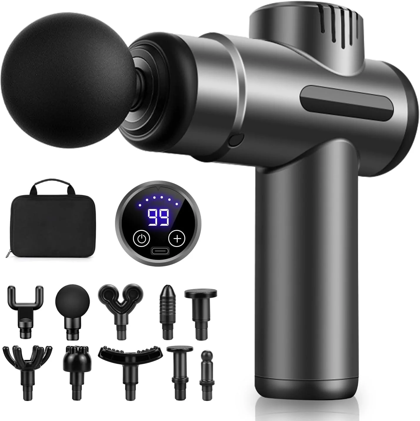 ماساژور بافت عمیق، ماساژور ضربه ای بی سیم دستی WEKUBA با صفحه لمسی LED، دارای 10 سر ماساژ مختلف و 99 سرعت برای تسکین درد پا، کمر و بدن، تسکین درد عضلانی، مسدس تدليك