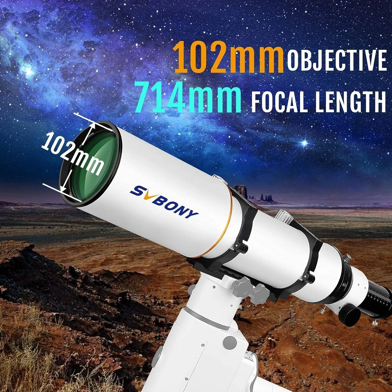 تلسکوپ شکستنی SVBONY SV503، 102mm F7 با عدسی آپوکروماتیک با پراکندگی بسیار کم به همراه کاهنده کانونی SV193