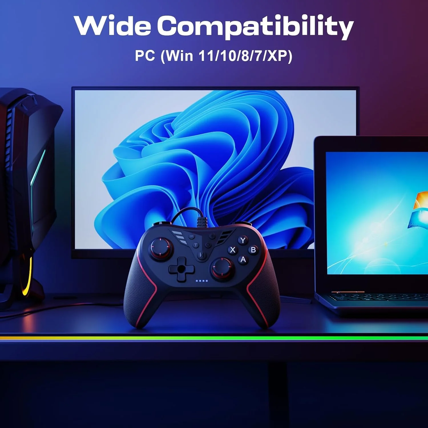 دسته بازی سیمی RivalPlay برای کامپیوتر با 2 دکمه قابل تنظیم، لرزش قابل تنظیم و 3 سرعت توربو سازگار با Win(11/10/8/7) اتصال و بازی مشکی