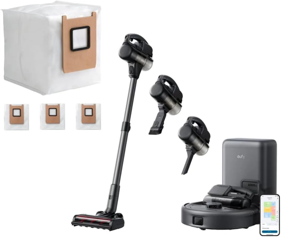 جاروبرقی رباتیک 3 در 1 E20 یوفی، همراه با جاروبرقی عصایی و دستی چند منظوره، تخلیه خودکار تا 75 روز، حداکثر 30000 پاسکال، اجتناب هوشمندانه از موانع + 3 عدد کیسه گرد و غبار رسمی