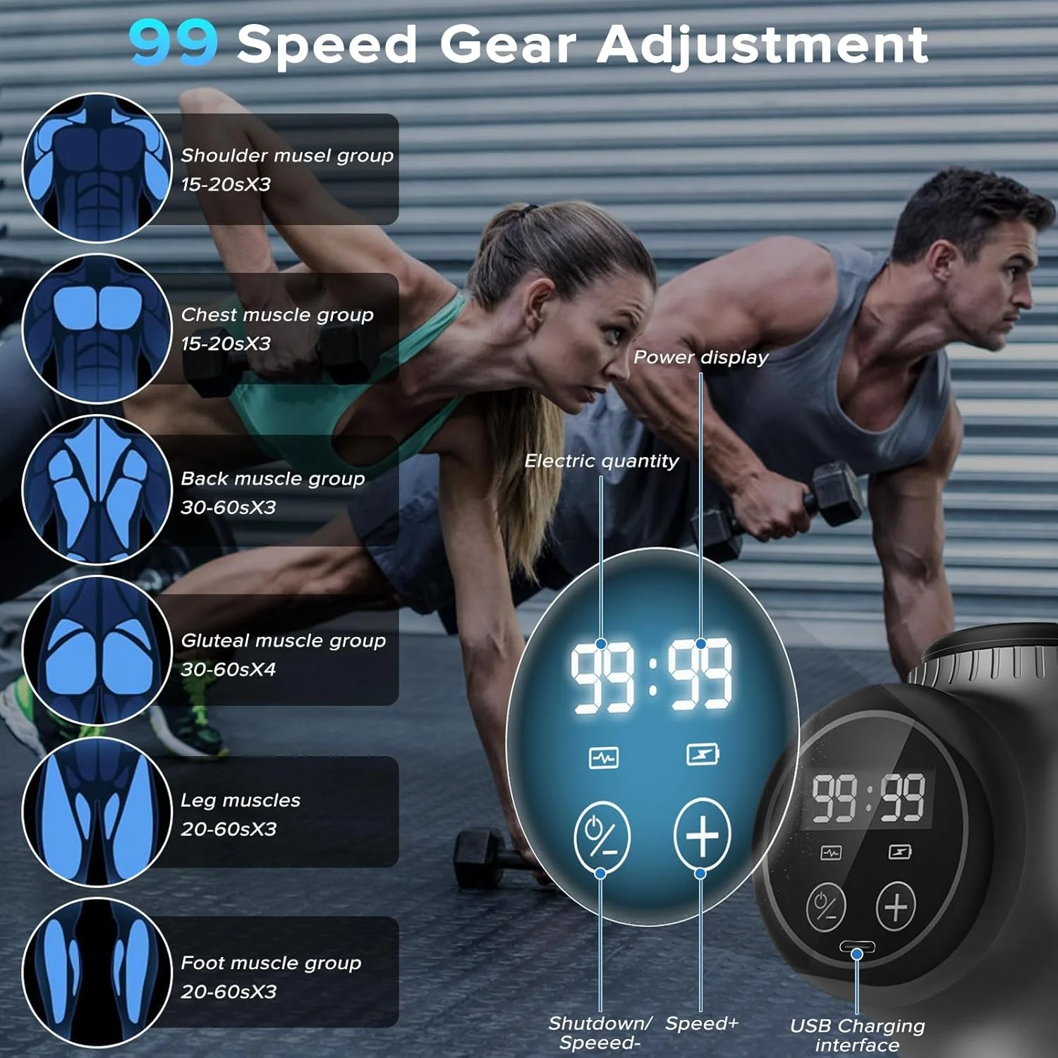 ماساژور عضلانی بافت عمیق Yakiter، ماساژور دستی قابل حمل با 99 سرعت و 8 سر ماساژ مختلف برای ریکاوری عضلات و تسکین درد