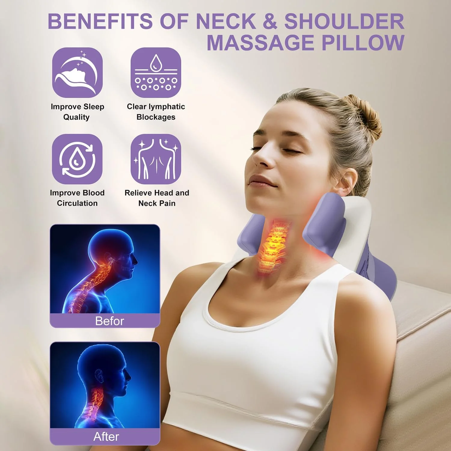 ماساژور گردن شیاتسو با گرما، بالش ماساژور برقی ورز دهنده بافت عمیق با تایمر 10 دقیقه ای برای تسکین درد عضلات کل بدن، دستگاه کشش گردن قابل حمل بی سیم