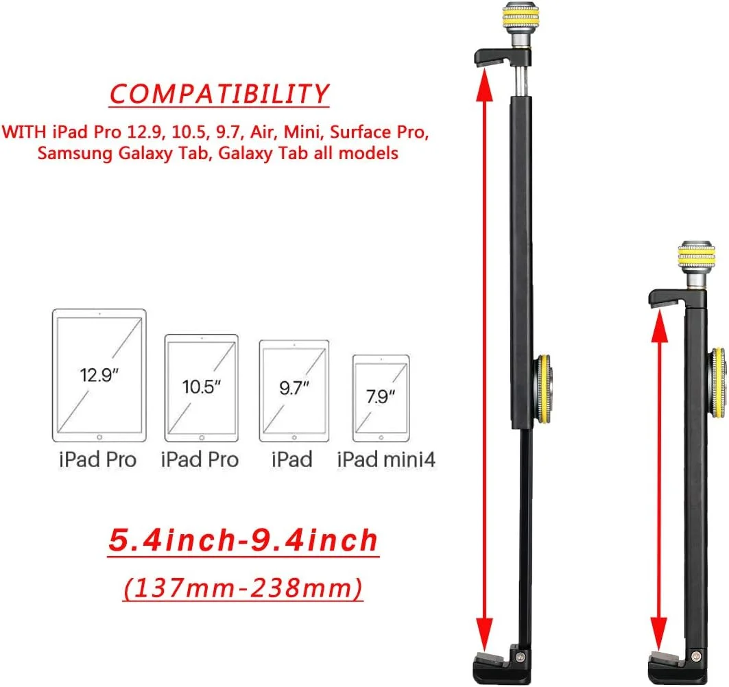 نگهدارنده آلومینیومی آیپد برای اتصال سه پایه، آداپتور گیره تبلت و تلفن همراه با مانت کفشک سرد، پیچ 1/4 اینچی و ریل Acra Swiss برای آیپد 4/مینی/ایر/پرو/سرفیس پرو/آیفون/گلکسی تب