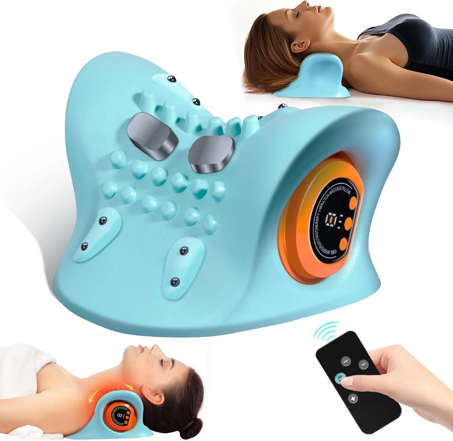 ماساژور گردن Angju، ریلکس کننده گردن و شانه با گرما، 3 حالت، بالش گردن قابل حمل برای تسکین درد و ریلکس کردن عضلات، دستگاه کشش گردن با زاویه 26 درجه برای پشت، گردن و شانه